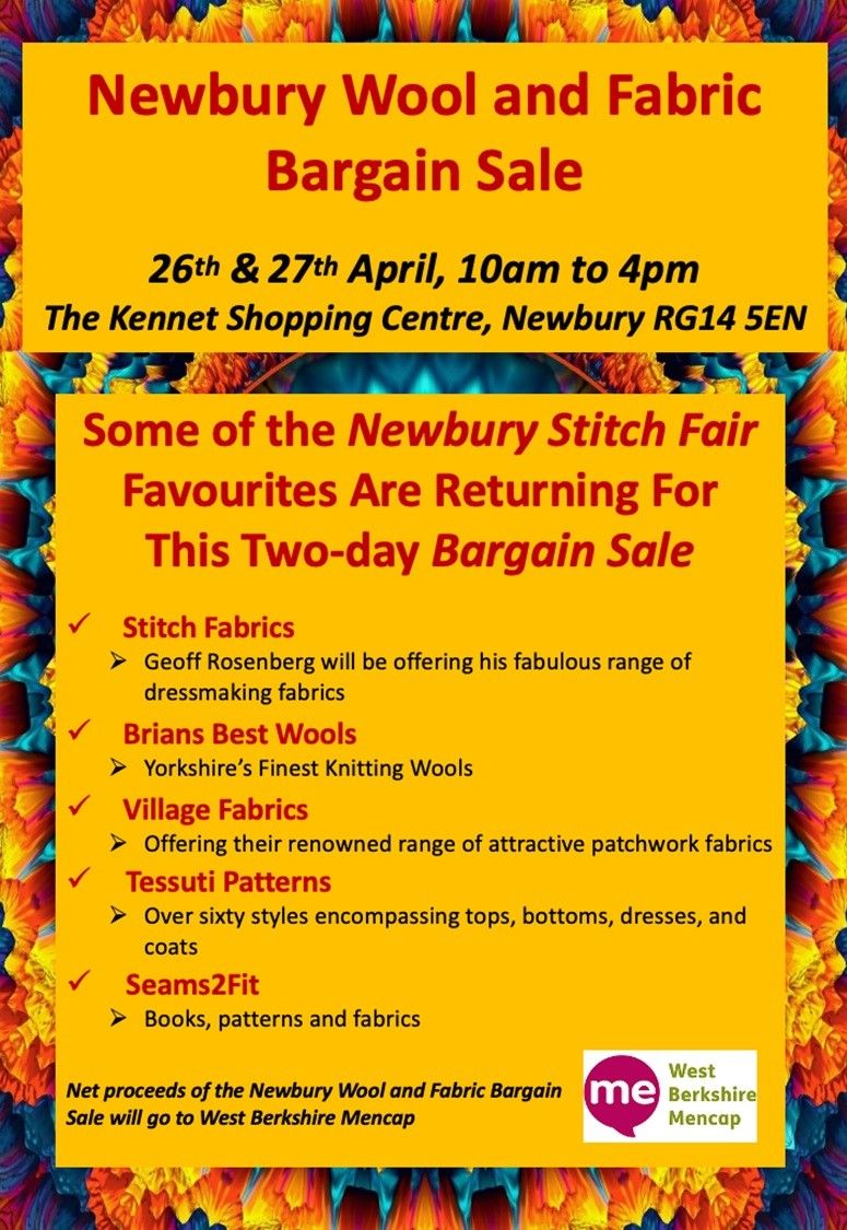 🧶🧵 Get ready for a crafting extravaganza at the Newbury Wool and Fabric Bargain Sale on April 26th and 27th from 10am to 4pm at The Kennett Centre! 🎉 

Some favourites from the Newbury Stitch Fair are making a comeback for this two-day event! buff.ly/4d2hHZG
