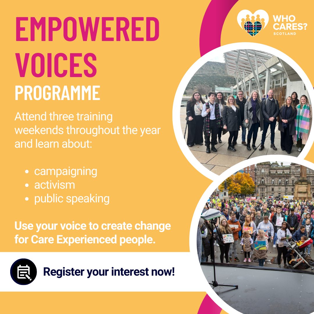 Are you keen to campaign and create change for Care Experienced people? We can help provide you with the skills and opportunities through our Empowered Voices Programme. Find out more and register your interest in the next round of recruitment today at whocaresscotland.org/event/empowere…