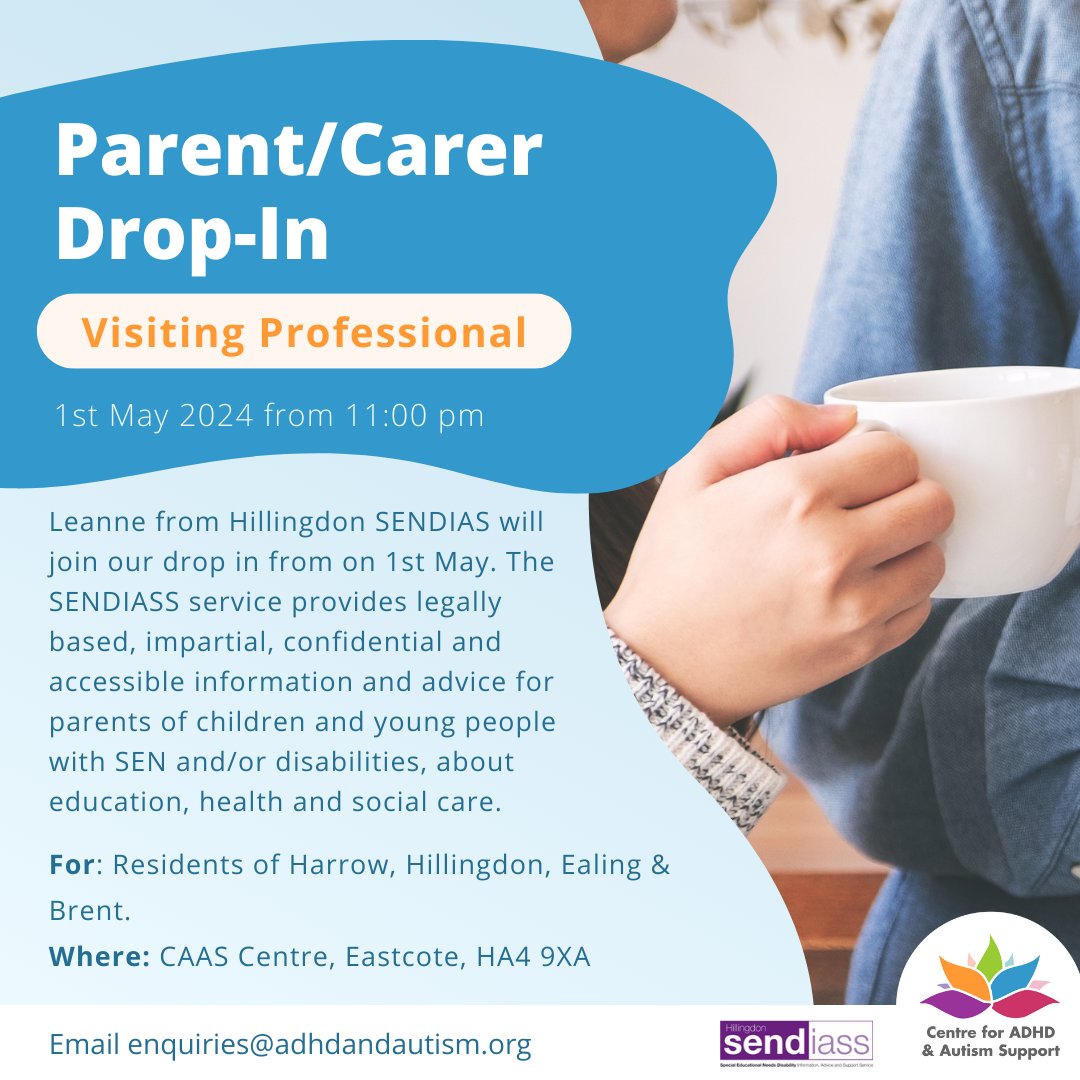 Leanne from Hillingdon SENDIAS will join our drop in from 11.00 on 1st May. The SENDIASS service provides information and advice for parents of children and young people with SEN / disabilities. Hillingdon SENDIASS can provide help and support to people in the EHCP process.