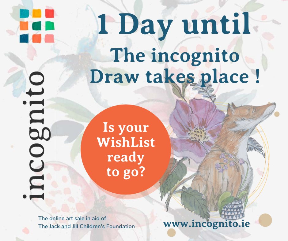⌛ Only 1 day to go until our incognito draw takes place on April 24th ⌛ 💡 Remember if it's not on your wishlist you can't win the art piece! Don't miss out; make your picks today and avoid disappointment. 🧡 👉 shop.incognito.ie/artworks-2024.… #incognito2024 #Art4Care