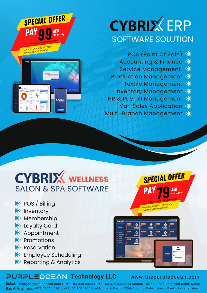 Elevate your #business with #Cybrix #solutions! Enjoy a special offer on our #ERP and #Salon & #Spa #Management #Software. 
#purpleoceantechnology #cybrixerp #ERPSoftware #ERPSolution #ERPSofwareSolution #salonsoftware #spasoftware #dubai #uae #RAK #sharjah #ajman #abudhabi