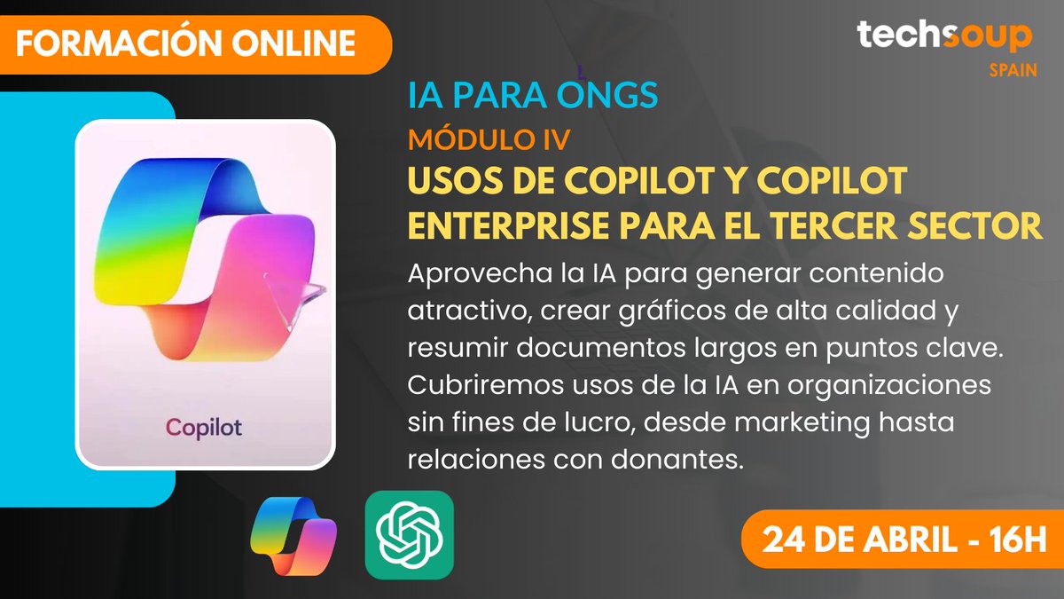 🚀 ¡La IA no es solo para las grandes empresas! Descubre cómo las #asociaciones, #fundaciones y #ONGs pueden utilizar herramientas como #Copilot para revolucionar su trabajo. 🤖✨

🗓️ Únete mañana, 24 de abril a las 16:00 CEST, para una sesión formativa: techsoup.es/content/explor…