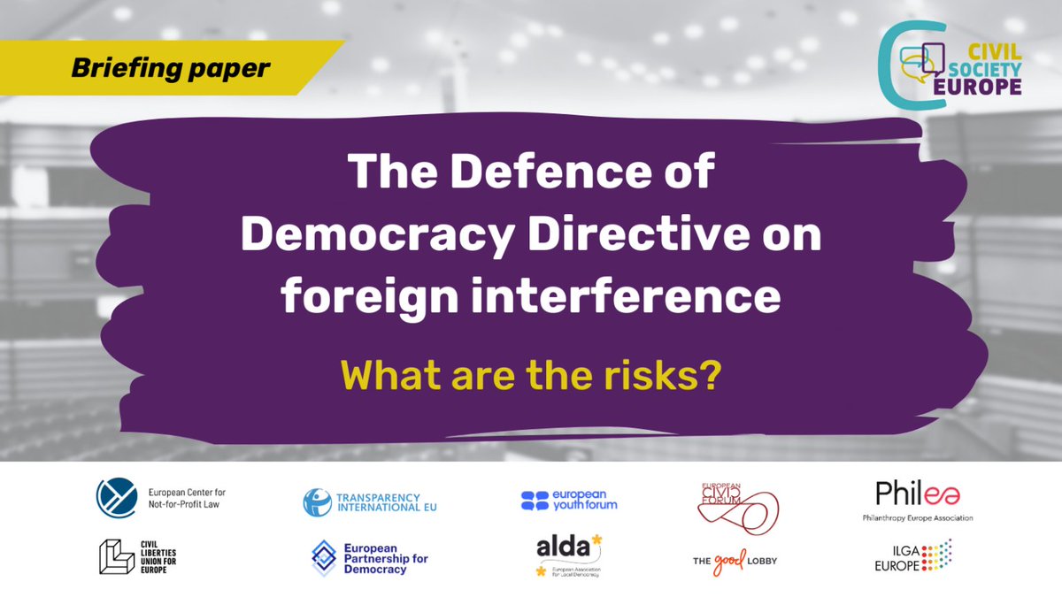 🚨 CSOs sound the alarm: The #DefenceofDemocracy Directive on foreign interference fails to address fundamental rights issues. Read our briefing paper to learn about the risks of this Directive 👉civic-forum.eu/advocacy/forei…