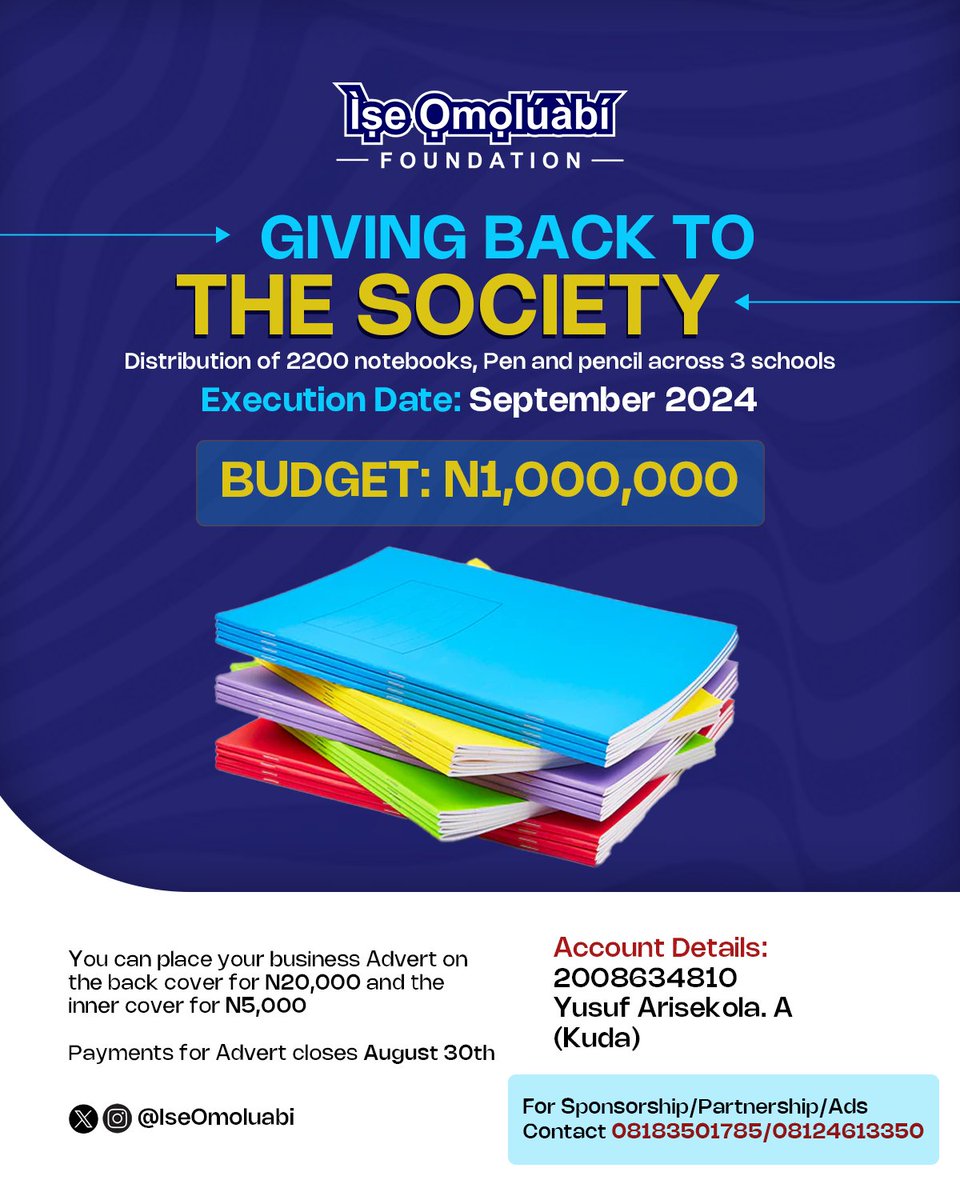 Make a Difference with Your Donation Support Ìse Omolúàbí to provide 2200 books to students in remote areas. Your monetary contribution will directly impact education accessibility and empower young minds for a brighter future! Kindly check the graphics for acct details.