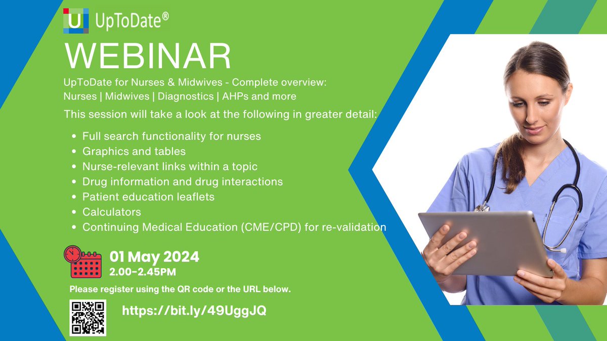 @UpToDate is providing a webinar especially for nurses and midwives to help you get the most from the resource. Register now bit.ly/49UggJQ #UpToDate #PointOfCareTool #Nurses #Midwives