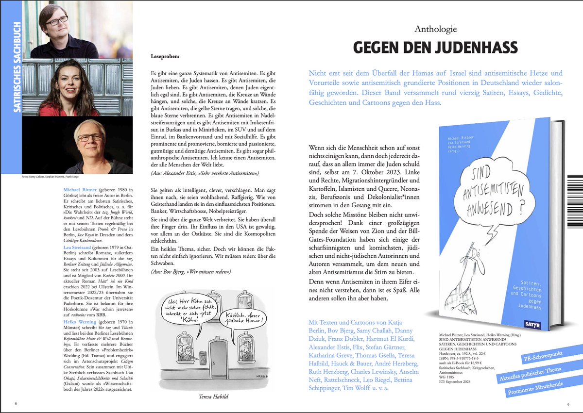 PP - Pünktlich zu #pessach - dem Fest der Befreiung und des Knäckebrots - ging gestern die Herbstvorschau @PresseSatyr in Druck - @MichaelBittner , Heiko Werning + ick proudly announce die Antiantisemitistenanthologie 'Sind Antisemitisten anwesend?' issuu.com/satyrverlag/do…