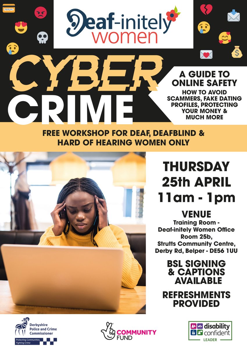 🌺 Don't forget🌺 CyberCrime - Relationship Online: Real or Scam?' 🕵️♂️💔 📅 Thur, April 25th 🕚 11am -1pm 📍 Strutts Centre, Belper DE56 1UU BSL interpretation and captions. #deafinitelywomen #CyberCrime #OnlineSafety #DeafAbuseFree BOOK now zurl.co/N5oW