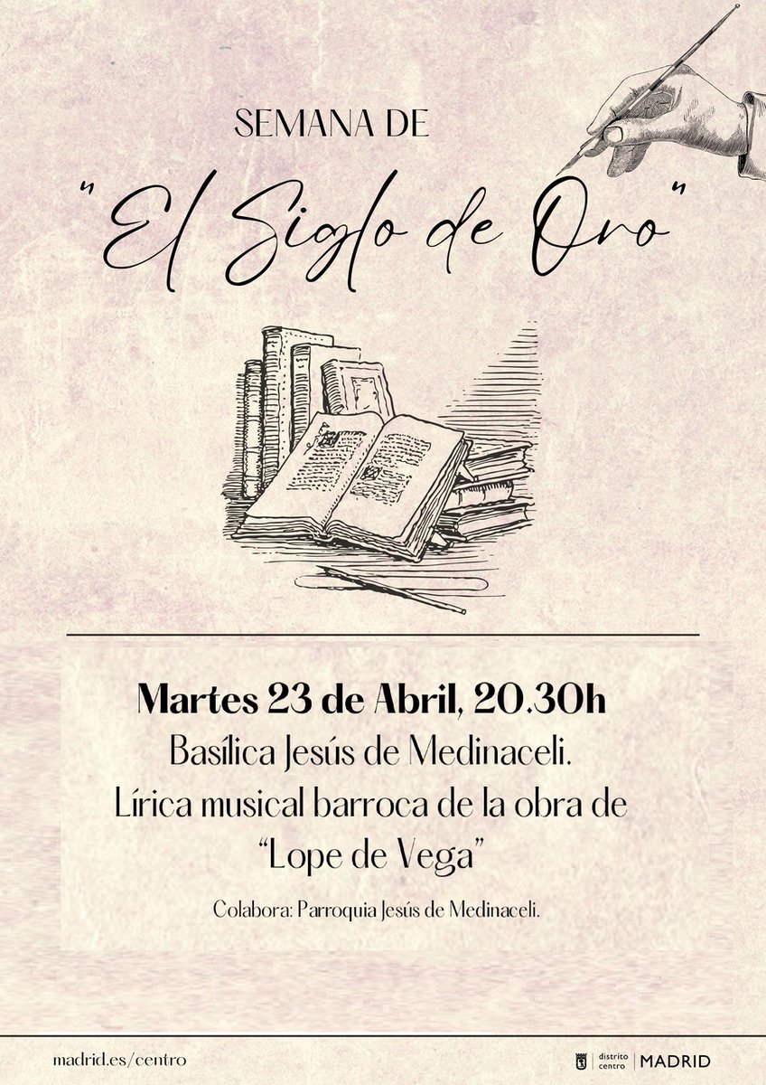 Hoy, 23 de abril, disfruta en el Día del Libro 📚 del concierto gratuito 🎼 de música barroca sobre la obra del escritor Lope de Vega. Con esta propuesta musical termina la semana de 'El Siglo de Oro' del #DistritoCentro. 🚩Plaza de Jesús, 2 ⏰20:30 Aforo limitado👇