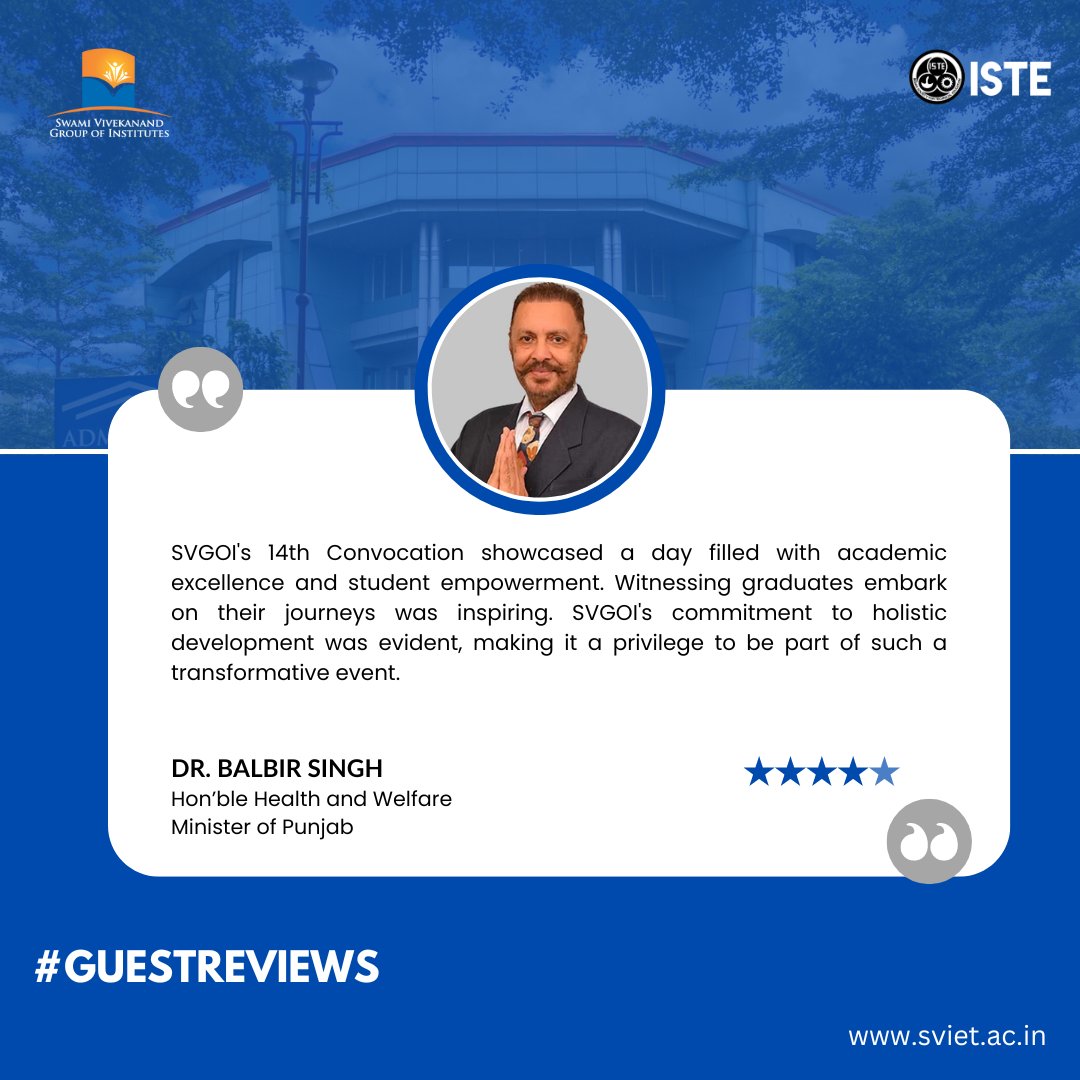 Every five-star review we receive holds a special place in our hearts, no matter how many we accumulate. Check out this glowing review from Hon’ble Health and Welfare Minister of Punjab – Dr. Balbir Singh
📷
#GuestReviews #FiveStarExperience #SVGOI #SVIET #BeOurGuest #BestCollege