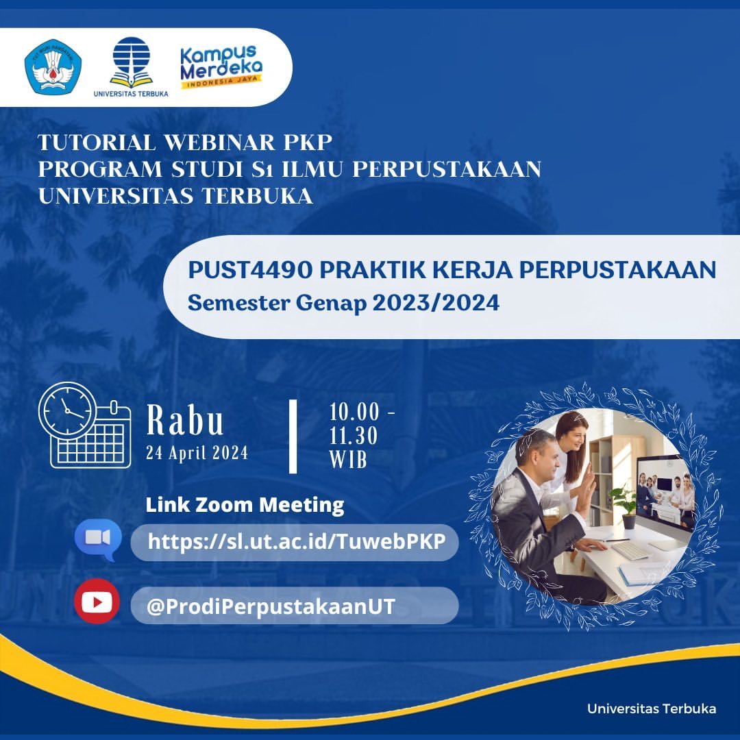 utfhisip's tweet photo. Hallo Pusters, Rabu, 24 April 2024 Jam 10.00 - 11.30 WIB via zoom meeting : https://t.co/XRTCgx3uzv
Tutorial Webinar (Tuweb) matakuliah PUST4490 Praktik Kerja Perpustakaan. Join Ya!!
#pkp #praktikkerjaperpustakaan #univterbuka #ilmuperpustakaan #tuweb #fyp https://t.co/z8ZVt5pWrn