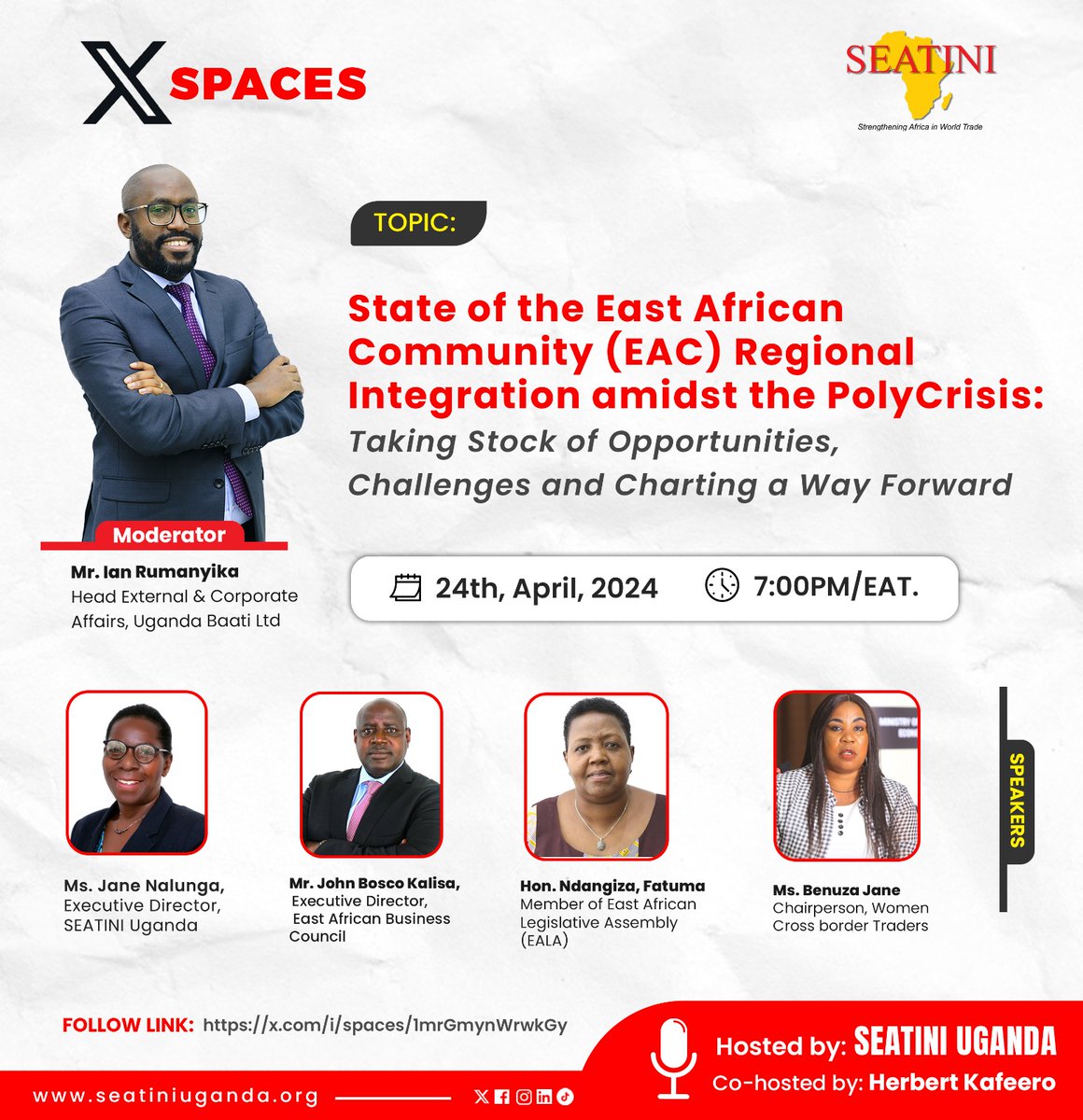 Hello East Africa 🇺🇬 🇰🇪 🇹🇿 🇸🇸 🇸🇴 🇨🇩 🇷🇼 🇧🇮 ! Join us tomorrow from 7-8:30PM/EAT for an X (Twitter) Spaces panel discussion on the 'State of East African Regional Integration amidst the Polycrisis' Click the link to RSVP: x.com/i/spaces/1mrGm… @EA_Bunge @meaca_ug