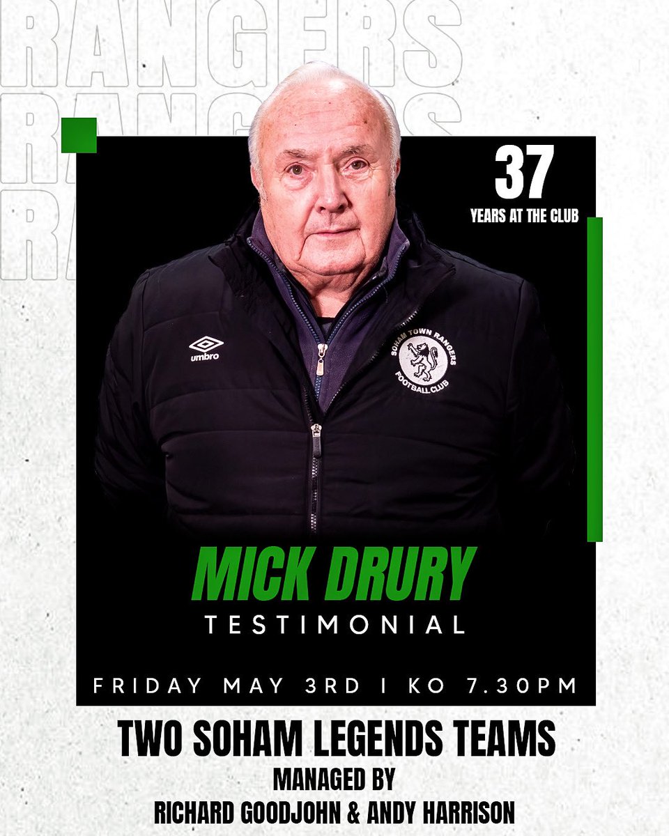 Time to celebrate an absolute legend of the club… Friday 3rd of May will be Mick Drury’s Testimonial up the club. Let’s get as many people there to show our support for the amazing 37 years Mick has been involved with Soham Town Rangers!!!