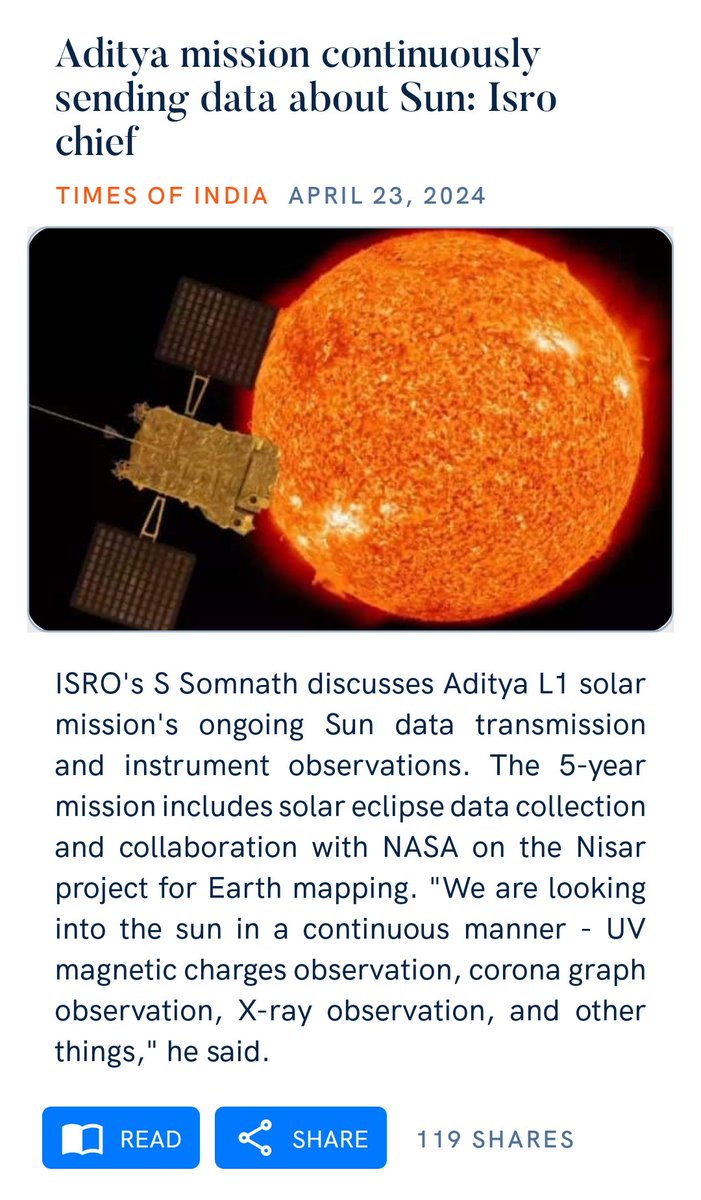 'We are looking into the sun in a continuous manner - UV magnetic charges observation, corona graph observation, X-ray observation and other things' Aditya mission continuously sending data about Sun: Isro chief timesofindia.indiatimes.com/india/aditya-m…