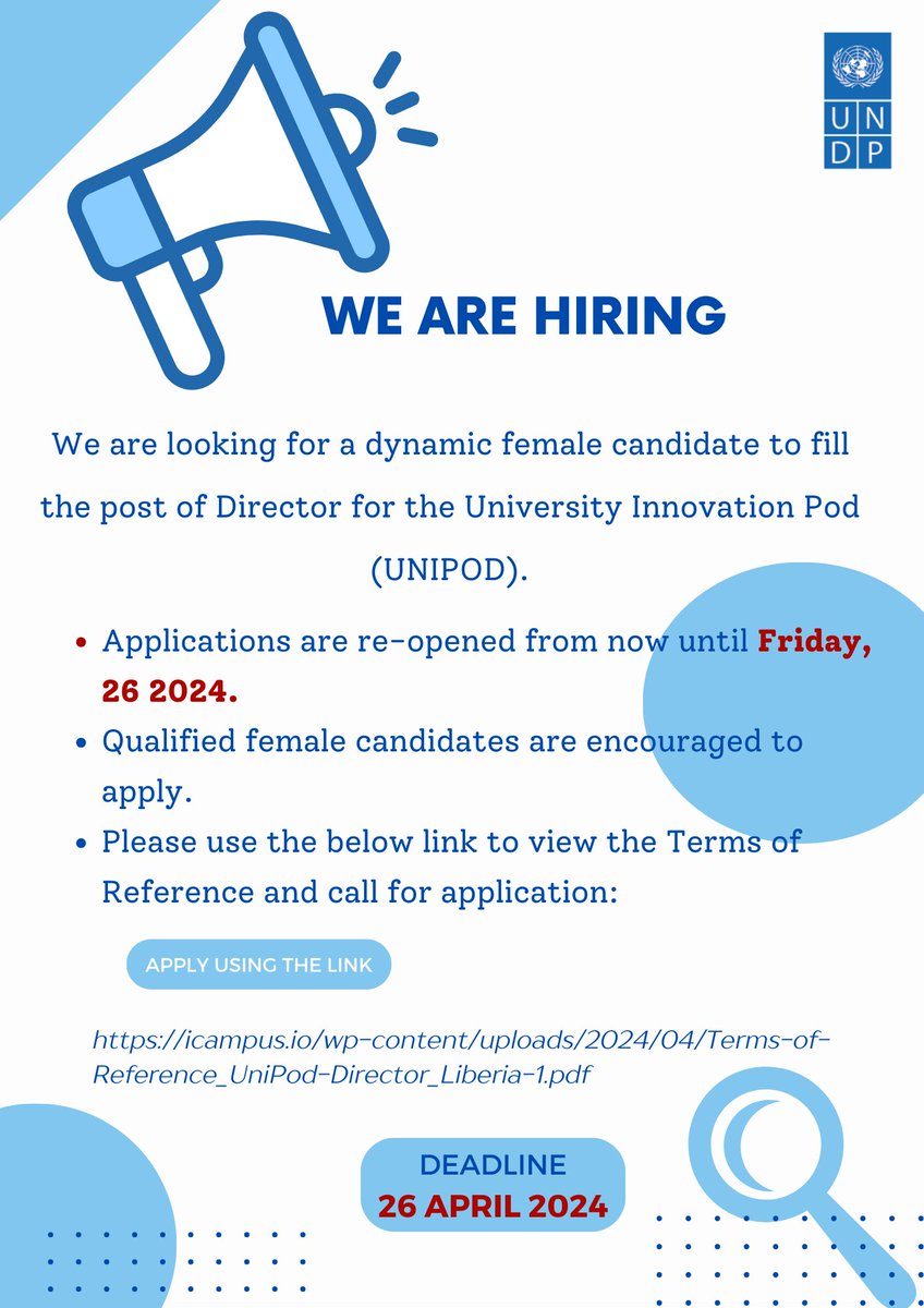 We are looking for a dynamic female candidate to fill the post of Director for the University Innovation Pod (UNIPOD). Applications are re-opened from now until Friday, 26 2024. Qualified female candidates are encouraged to apply using the link below: icampus.io/.../Terms-of-R…...