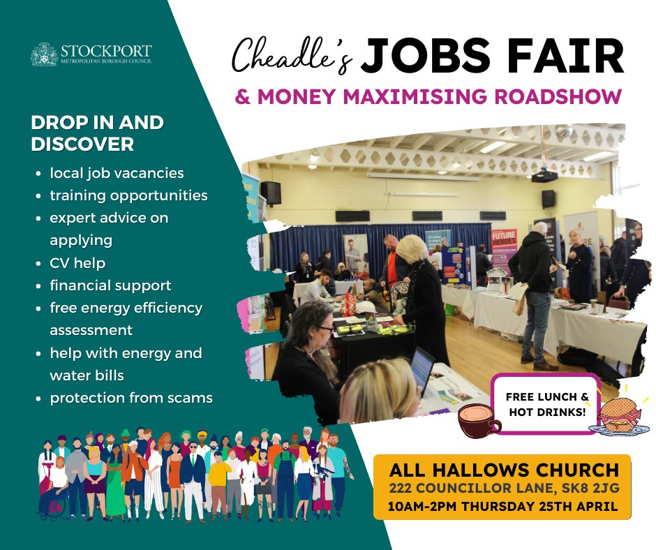 Looking for a new role, interested in finding out about training opportunities, or seeking support with the cost-of-living? Cheadle #JobsFair & Money Maximising Roadshow takes place on Thursday at All Hallows. Drop-in on the day or reserve a place here👉orlo.uk/tm7yV