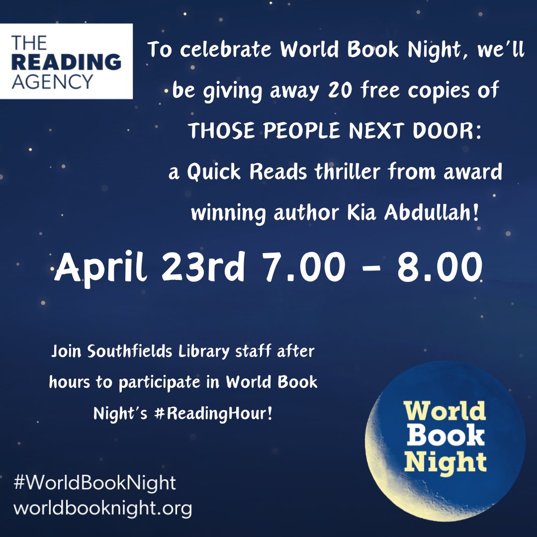 🎉 TONIGHT! 🎉 Join us at Southfields Library tonight at 7.00pm for Reading Hour. Pick up a free* copy of this year's Quick Reads thriller, or discuss your current read. *while stock lasts #WorldBookNight