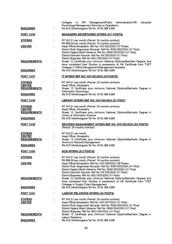 CarolBoitumelo1's tweet photo. North West Department of Public Works and Roads is hiring Graduates!

HRM Intern x14 posts
Managers Secretaries Intern x11 posts
Finance Intern x10 posts
Internal Audit Intern x4 posts
Immovable Asset Intern x5 posts
Strategic Management Intern x21 posts
IT Intern x4 posts
Records Management Intern x2 posts
SCM Intern x12 posts
Labour Relations Intern x4 posts
Library Intern  
Legal Intern x2 posts
Special Programme Intern
Wellness Intern x4 posts
Communication Intern x2 posts
Facilities Intern x2 posts
MISS/Security Intern 

Closing 7 May 2024 

Download the advert in PDF from the link below 
https://t.co/DzHCS6ozWt