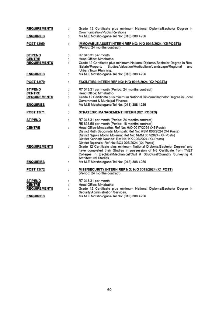CarolBoitumelo1's tweet photo. North West Department of Public Works and Roads is hiring Graduates!

HRM Intern x14 posts
Managers Secretaries Intern x11 posts
Finance Intern x10 posts
Internal Audit Intern x4 posts
Immovable Asset Intern x5 posts
Strategic Management Intern x21 posts
IT Intern x4 posts
Records Management Intern x2 posts
SCM Intern x12 posts
Labour Relations Intern x4 posts
Library Intern  
Legal Intern x2 posts
Special Programme Intern
Wellness Intern x4 posts
Communication Intern x2 posts
Facilities Intern x2 posts
MISS/Security Intern 

Closing 7 May 2024 

Download the advert in PDF from the link below 
https://t.co/DzHCS6ozWt