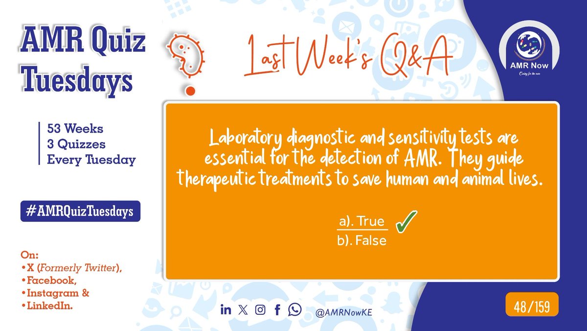 💡#AMRQuizTuesdays

Last week's(Week 16) Q&A: 😊 Did you get it right? 

Read The Value of Diagnostics in the Fight Against #AMR by @gardp_amr 👇🏽

revive.gardp.org/the-value-of-d…

📍Stay tuned today for the next quiz.
#AntimicrobialResistance
#AMRNow
#ActNow