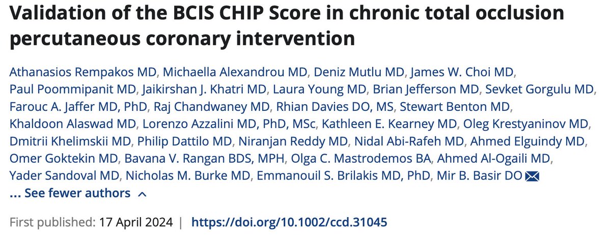 Validation of the BCIS CHIP Score in Chronic Total Occlusion PCO:

• CHIP score predicts MACCE (major adverse🫀or 🧠events) in CTO PCI
• Study on 8341 procedures from PROGRESS-CTO 
• Higher CHIP score = ⬆️ risk of MACCE
 • Modest predictive capacity observed