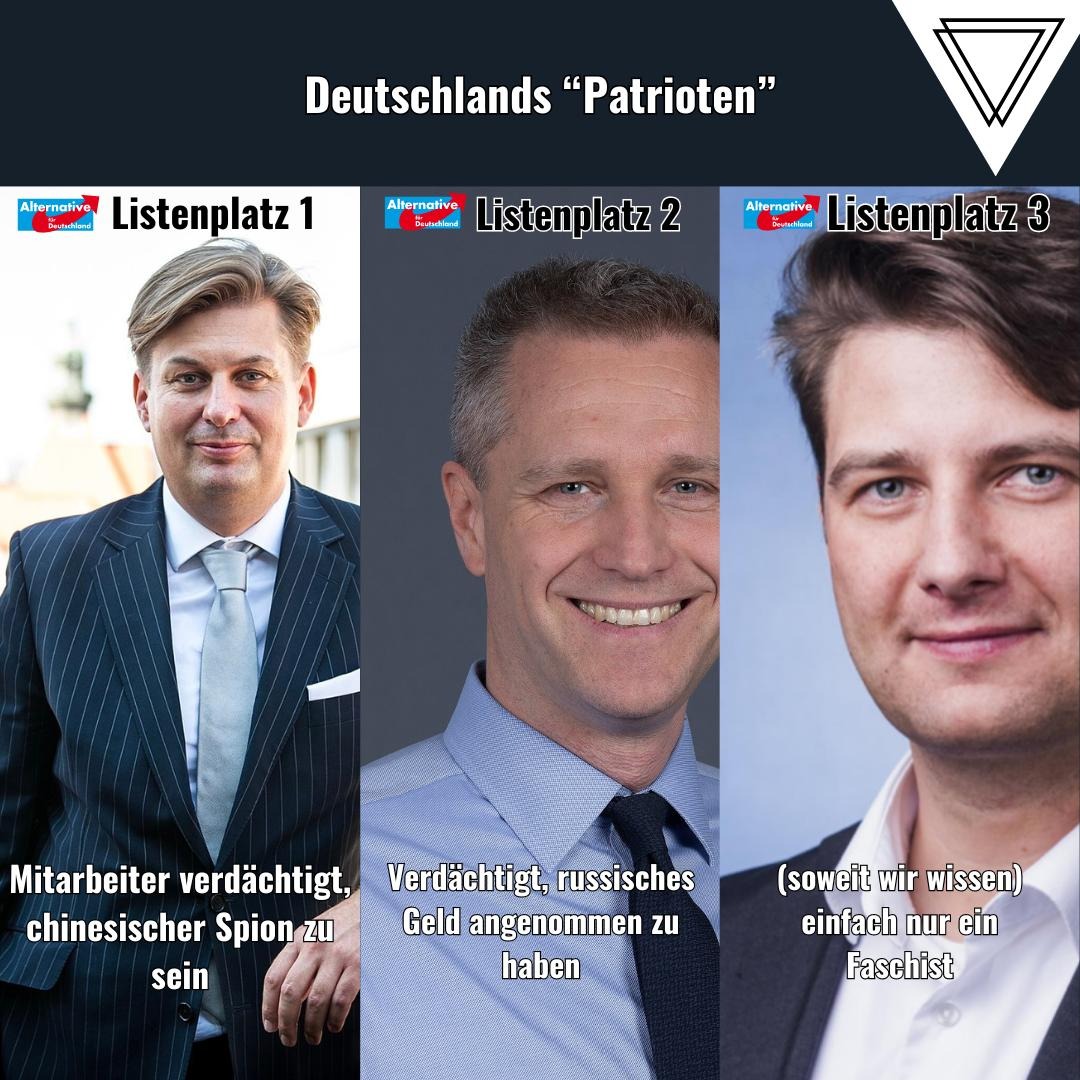 Ein Mitarbeiter vom Spitzenkandidat der rechtsextremen AfD für die EU-Wahl, Maximilian #Krah, wurde verhaftet. Er wird der Spionage für China verdächtigt. #Bystron soll Geld aus #Russland erhalten haben. Aust ist von #Höcke persönlich auf die Liste gesetzt worden.