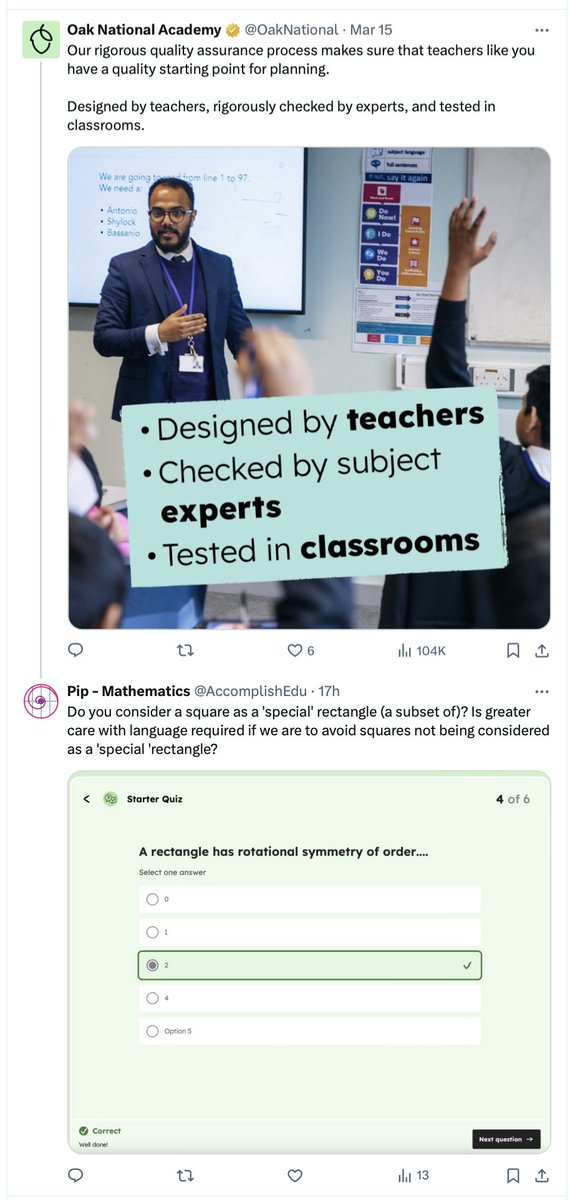 Think this quote from Oak is perhaps over egging it. 'Our rigorous quality assurance process' and 'rigorously checked by experts, and tested in classrooms' However am pleased after my tweet they have agreed to change the slide - VERY important the maths is correct!