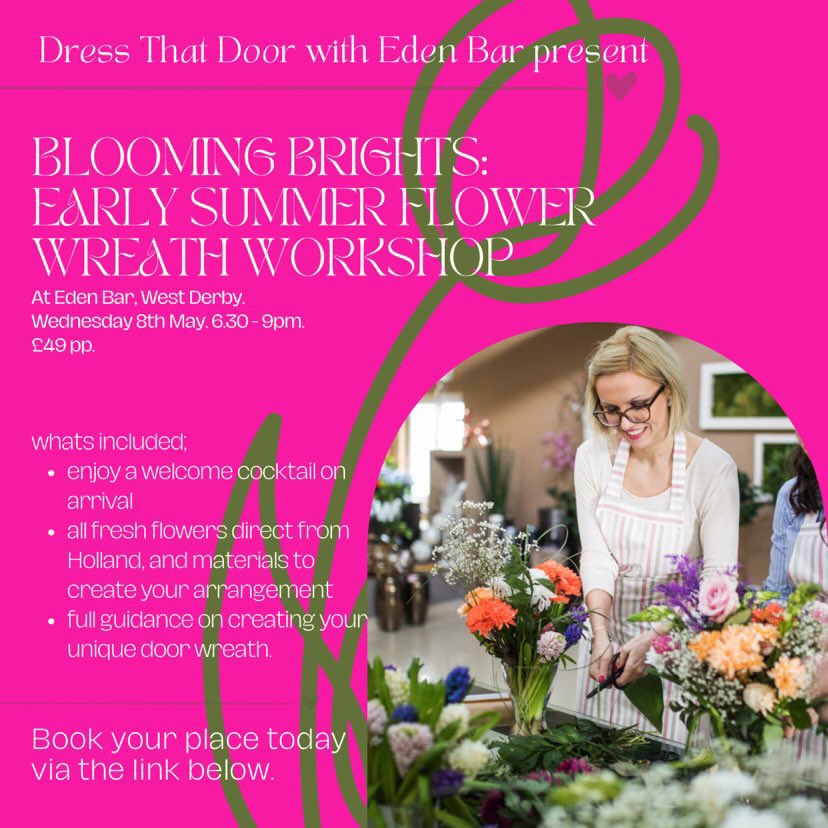 Following our huge success we have teamed up again with #WestDerby based #DressThatDoor to bring you “ Blooming Brights” Early Summer Flower Wreath Workshop on Wednesday 8 May 6.30pm-9pm! Book your places today: dress-that-door.sumupstore.com/product/early-… ❤️