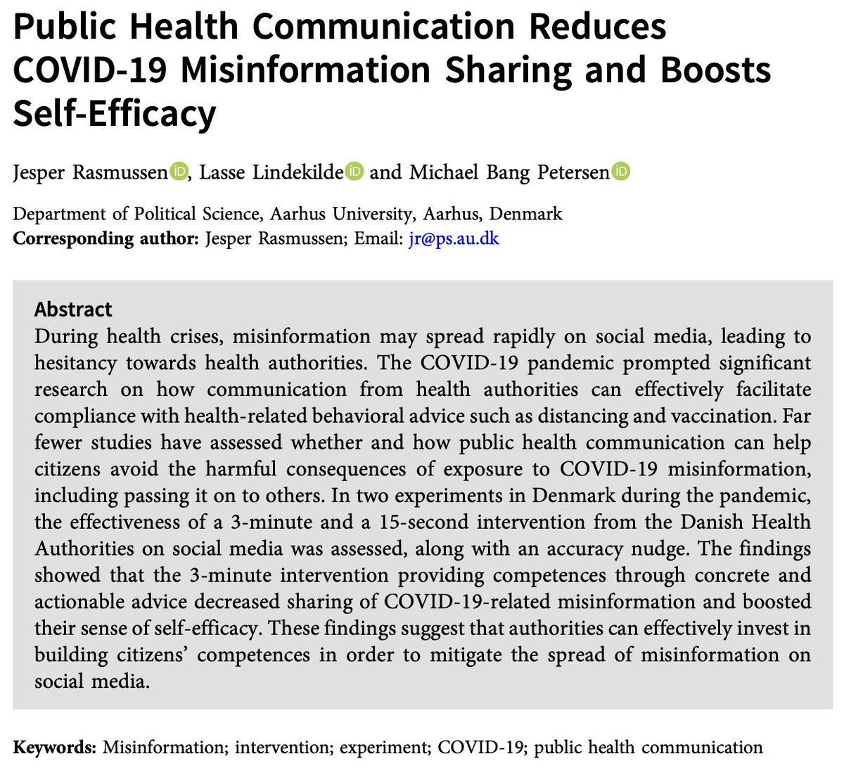 Jesper Rasmussen (@jrpsau) on Twitter photo 🚨NOW OUT in <a href="/JEPS_ed/">JEPS</a>🍾🥳🚨
➡️Short interventions circulated on social media during the COVID-19 pandemic by <a href="/SSTSundhed/">Sundhedsstyrelsen</a> reduce intentions to share misinformation and boost people's feelings of competence
Paper: cup.org/3QcmSwc /w <a href="/LasseLindekilde/">Lasse Lindekilde</a> <a href="/M_B_Petersen/">Michael Bang Petersen</a>
🧵 1/6 🚨NOW OUT in <a href="/JEPS_ed/">JEPS</a>🍾🥳🚨
➡️Short interventions circulated on social media during the COVID-19 pandemic by <a href="/SSTSundhed/">Sundhedsstyrelsen</a> reduce intentions to share misinformation and boost people's feelings of competence
Paper: cup.org/3QcmSwc /w <a href="/LasseLindekilde/">Lasse Lindekilde</a> <a href="/M_B_Petersen/">Michael Bang Petersen</a>
🧵 1/6
