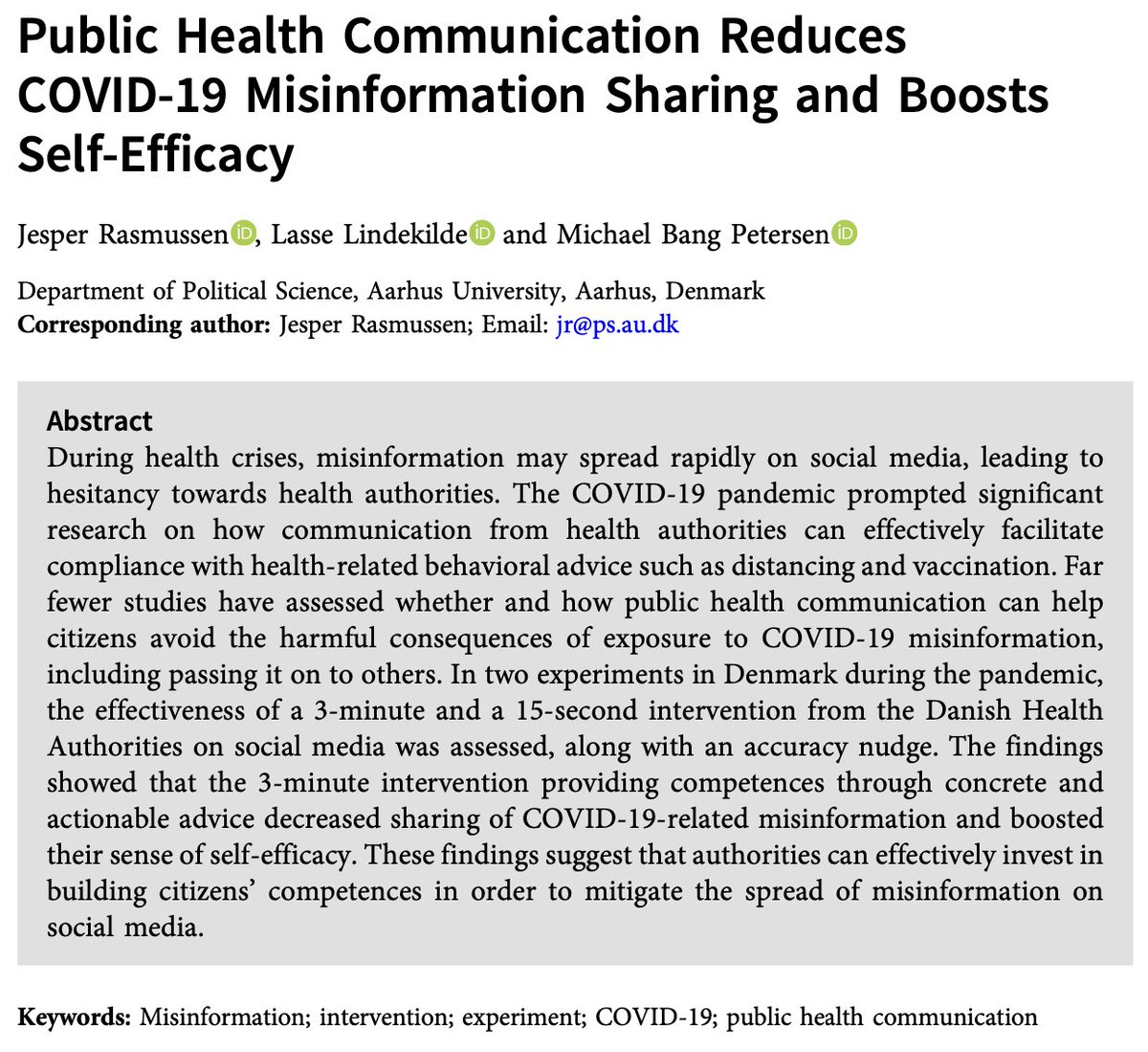 🚨NOW OUT in @JEPS_ed🍾🥳🚨 ➡️Short interventions circulated on social media during the COVID-19 pandemic by @SSTSundhed reduce intentions to share misinformation and boost people's feelings of competence Paper: cup.org/3QcmSwc /w @LasseLindekilde @M_B_Petersen 🧵 1/6