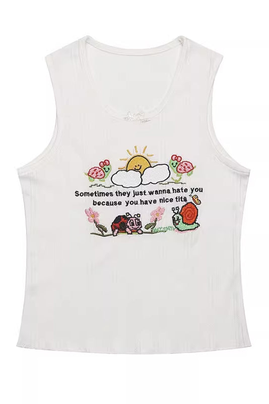 Cartoon and Letter Print Embroidery Cami Tops 👇
Item Type: TopsMaterial: 15% Cotton, 85% Polyester,Pattern: PlainNeckline: Round NeckSleeve Length: SleevelessColor:Â WhiteSize: S,M,L
Â 
Size (CM):
Len... postdolphin.com/t/LLIMA