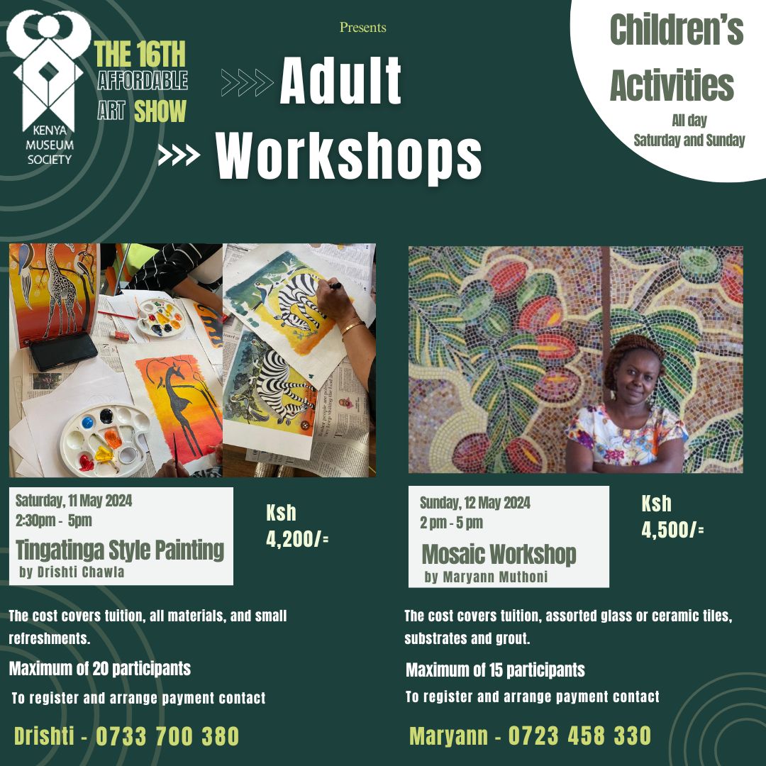 Not long to go now until the  #AffordableArtShowKe opens.

The show includes fabulous art classes for adults ⬇️ and all day arty activities for kids. 

Booking required for the workshops. 🎨