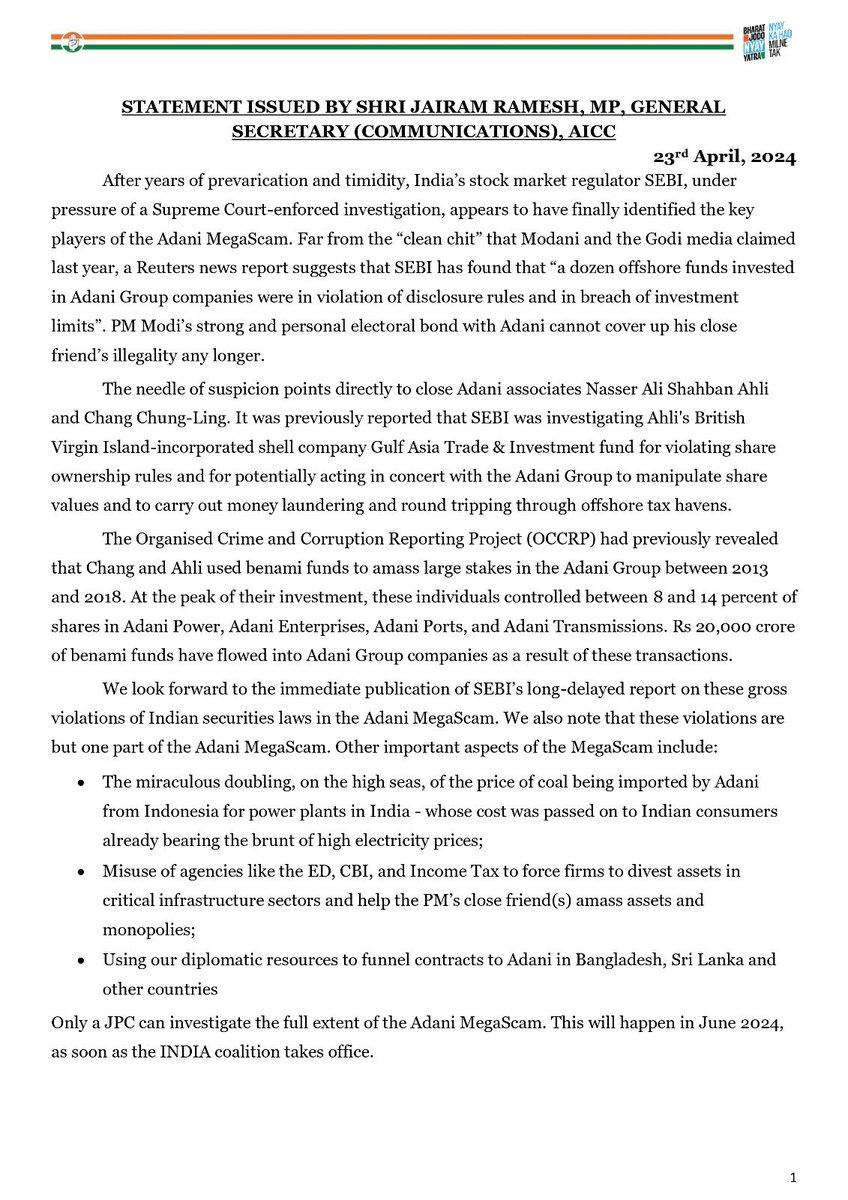 🚨 SEBI has now confirmed that a dozen offshore funds which invested in Adani Group companies “violated disclosure rules and breached investment limits” This is the tip of the iceberg: when we launch a JPC inquiry after coming to power in June 2024, the full extent of the loot