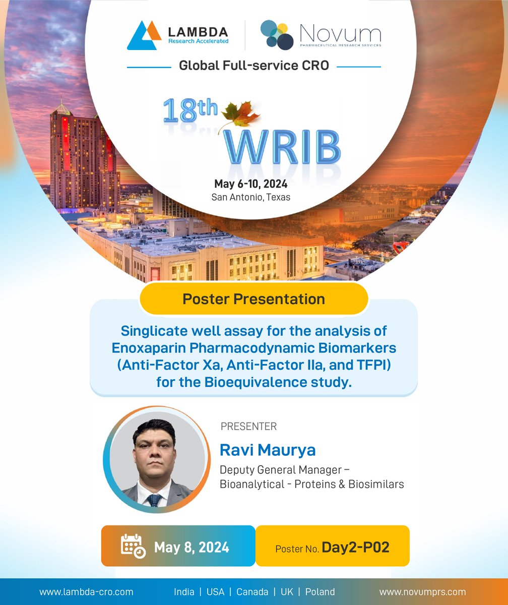 Don't miss our insightful poster presentation at #WRIB on Singlicate well assay for the analysis of Enoxaparin Pharmacodynamic #Biomarkers (Anti-Factor Xa, Anti-Factor IIa, & TFPI) for the #Bioequivalence study.
#WRIB2024 #Bioanalysis #Immunogenicity #Biopharma #Biotech #Research