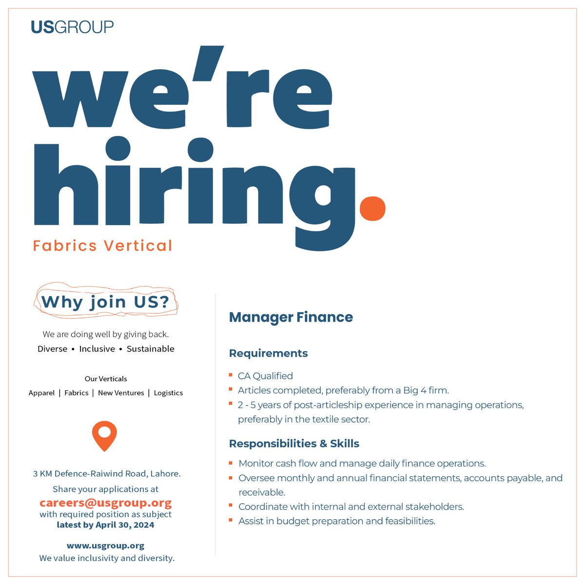 US Group is hiring for "Manager Finance".

Share your applications at careers@usgroup.org with the required position as subject latest by April 30, 2024.
#USGroup #hiring #hr #inclusion #diversity
#denim #finance #accounts #CA #CharteredAccountant