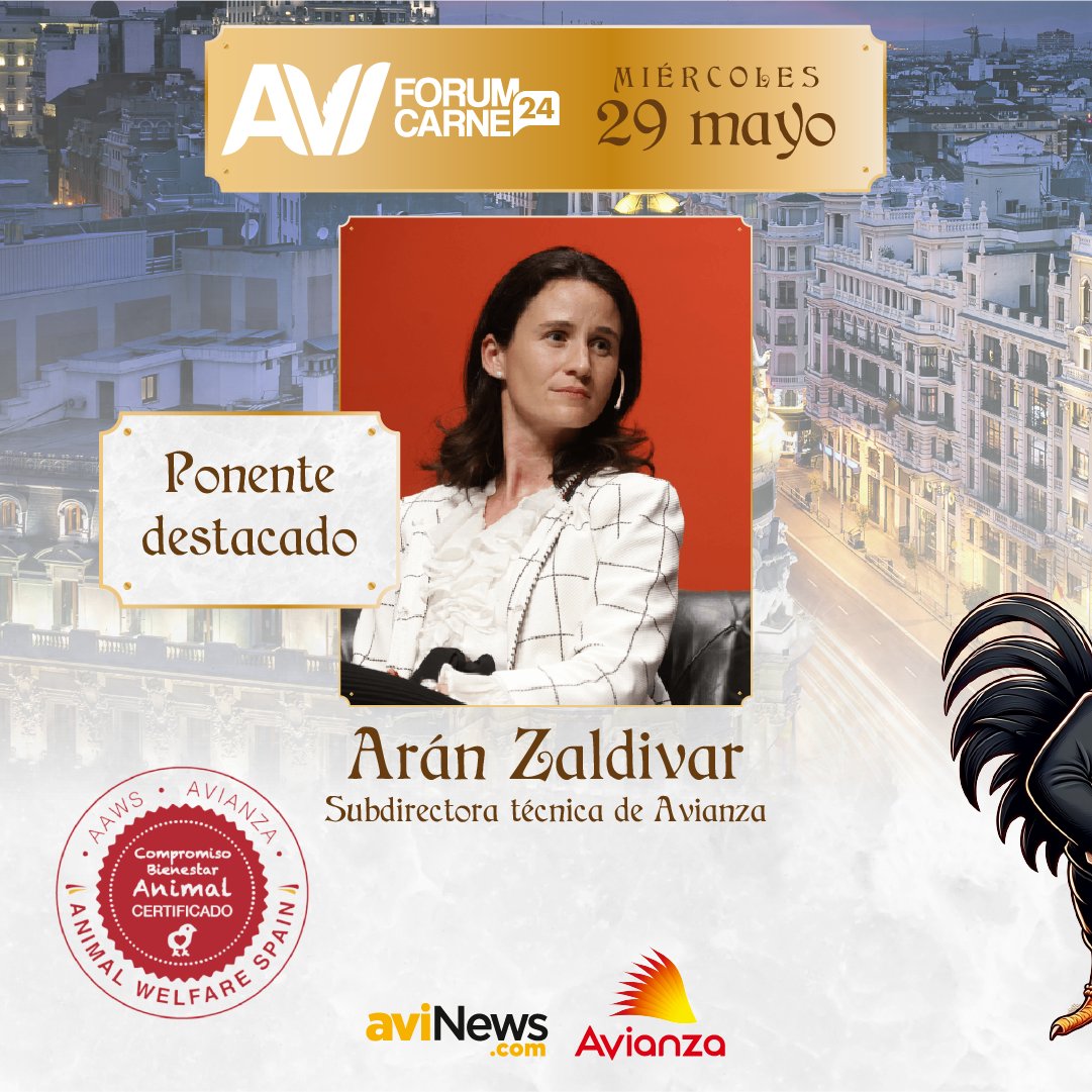 aviNewsESP's tweet photo. Ponencia estelar en #aviFORUM Carne 2024 🌟
Arán Zaldívar, subdirectora técnica en @avianza_org, brindará una charla en aviFORUM Carne 2024 sobre el sello de #calidad #AAWS y su impacto en la industria #avícola española. https://t.co/DxW1jaKnI8