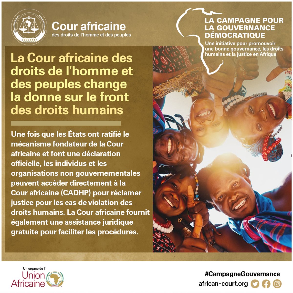 La Cour africaine joue un rôle clé dans la protection des droits fondamentaux en rendant des arrêts. La CADHP clarifie le cadre juridique pour les États membres afin de garantir le respect des droits humains en Afrique. Partagez vos réflexions en utilisant #CampagneGouvernance