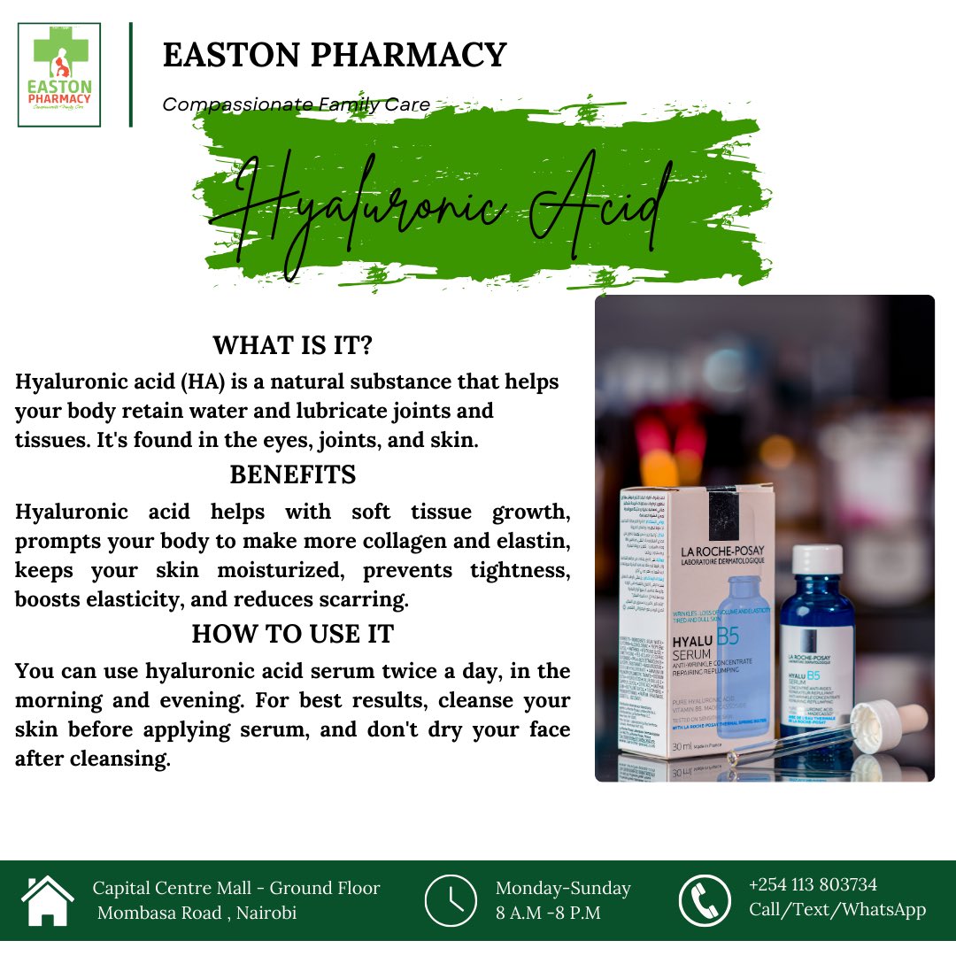 Embark on a Skincare Journey with Hyaluronic Acid: Delve into the Science Behind Nature’s Ultimate Moisture Magnet! 

☎️ Call us on +254 113 803734
📍 Visit us at Capital Center Mall, Mombasa road, Ground floor. 
#hyaluronicacid