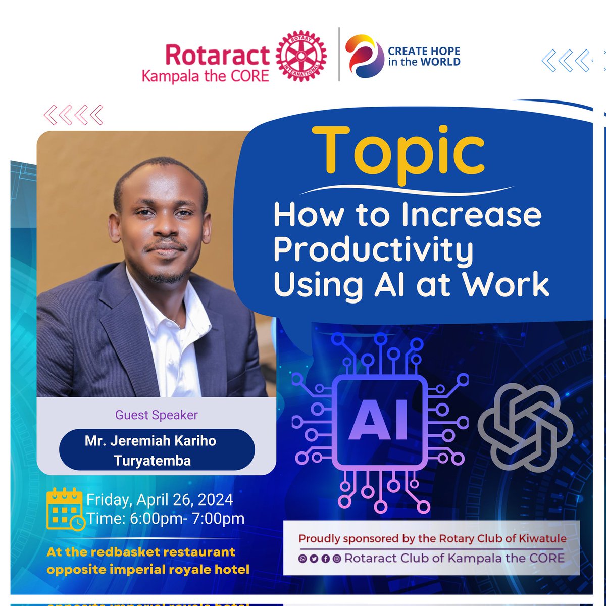 How to increase Productivity Using AI at-work!! Join us this Friday at Redbasket 6 - 7pm as talk Artificial intelligence with Mr. Jeremiah Kariho Turyatemba. #AIArtwork | #RctCORE