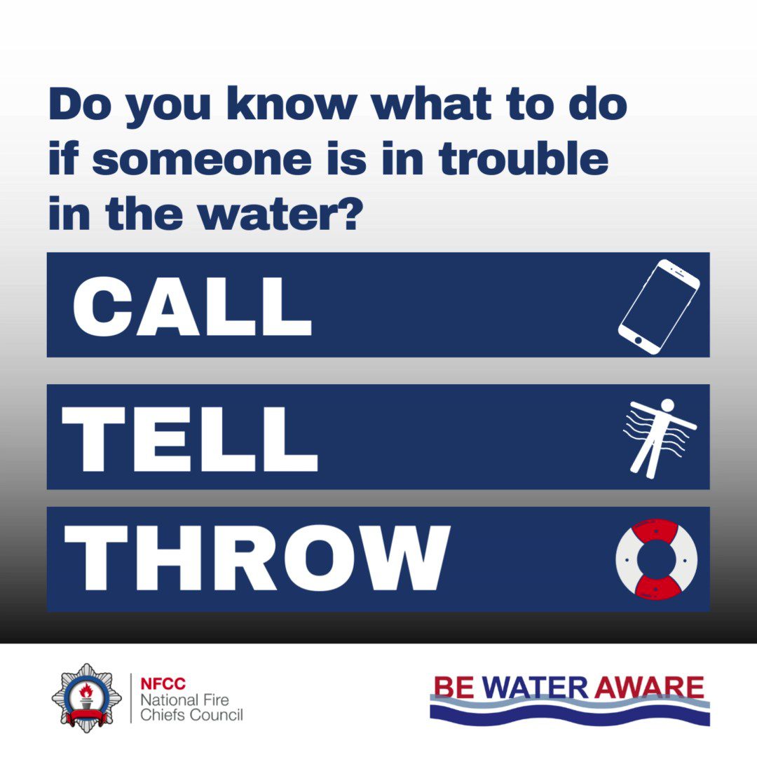 As #BeWaterAware week continues, remember this lifesaving advice if you ever come across someone struggling in the water: 📞Call 999 🗣 Tell the struggling person to try to float on their back. 🛟 Throw them something that floats. @NFCC_FireChiefs #BeWaterAware #CallTellThrow