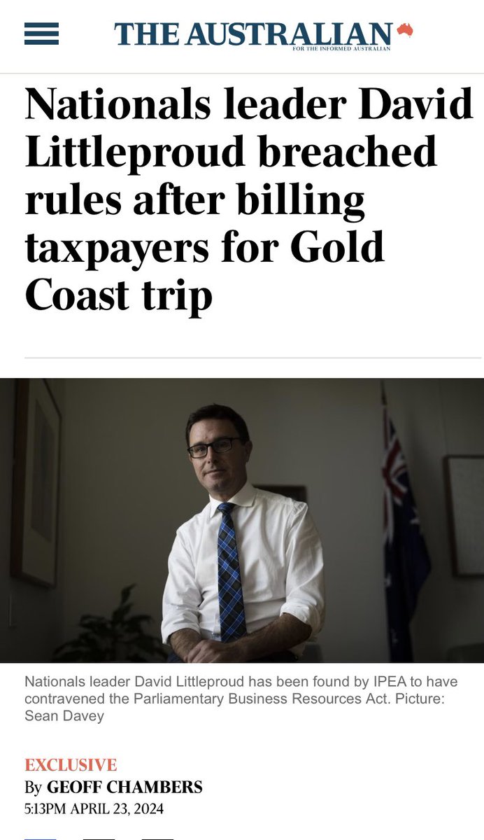 @DazzaWhitmey #NationalParty #LNPRorts #LNPDirt
#DavidLittleproud contravened parliamentary laws by claiming taxpayer-funded expenses for a private visit to Gold Coast, days after settlement of his $1.375m ­Surfers Paradise apartment. #auspol 

theaustralian.com.au/nation/politic…

archive.is/ilKbx