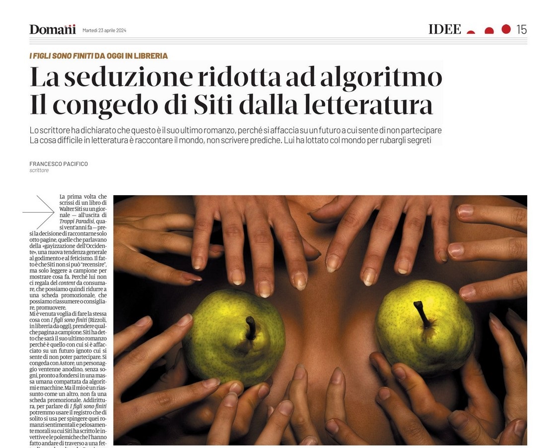 Oggi è @FzPacifico a scrivere del congedo di @WalterSiti dal romanzo con il suo ultimo #IFigliSonoFiniti, da oggi in libreria: editorialedomani.it/idee/cultura/l…