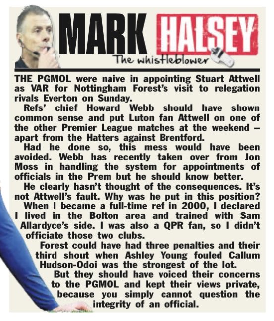 ⁦@RefereeHalsey⁩ gives his view on Luton fan Stuart Attwell’s appointment for Everton v Nottingham Forest…