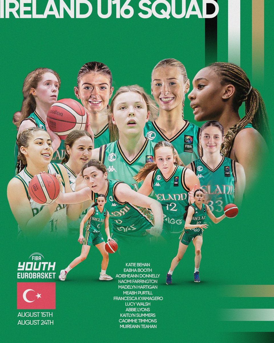 The Ireland U16 women's squad that will compete in the FIBA Youth EuroBasket 2024 in 🇹🇷 in August has been confirmed. 

𝙎𝙀𝙀 𝙁𝙐𝙇𝙇 𝙎𝙌𝙐𝘼𝘿 ➡️ ireland.basketball/-ireland-u16-w…

#Greenmeansgo ☘️ | @ZAGGdaily
