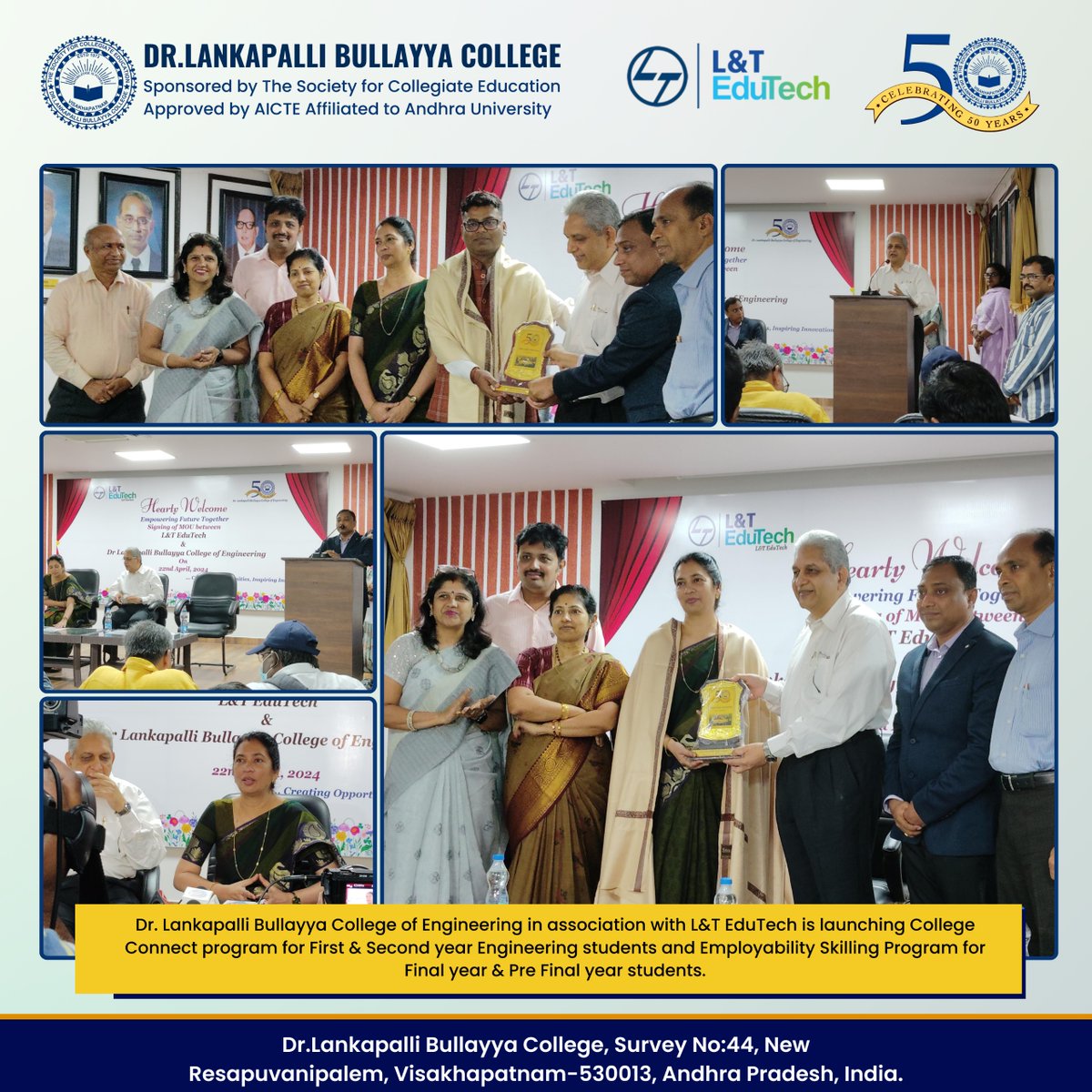 🎓 We're excited to announce that Dr. Lankapalli Bullayya College of Engineering has partnered with L&T EduTech to launch two innovative programs:

#DrLBCollegeofEngineering #EngineeringEducation #IndustryAcademiaCollaboration #CollegeConnect #Employability