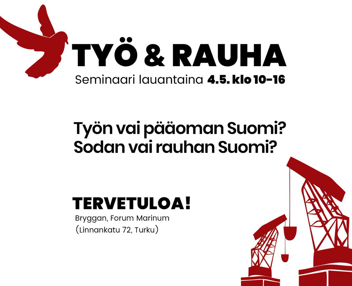 Mihin johtaa hallituksen työnantajien etua ajava politiikka, mitä työntekijät voivat tehdä? Suomen taloutta heikentävät sotilasmenojen kasvu ja ulkomaankaupan ongelmat, mutta hallitus osoittaa syylliset muualta. 

Työ & rauha, 4.5. kl. 10-16 Forum Marinum, Turku - Tervetuloa! 🕊️