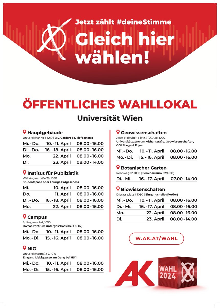 Besser spät als nie! Heute letzte Gelegenheit, um für eine starke Vertretung der ArbeitnehmerInnen an den Universitäten zu stimmen! Vote, vote, vote! 🗳️💪 #deineStimme #akwahl24 #darumAK