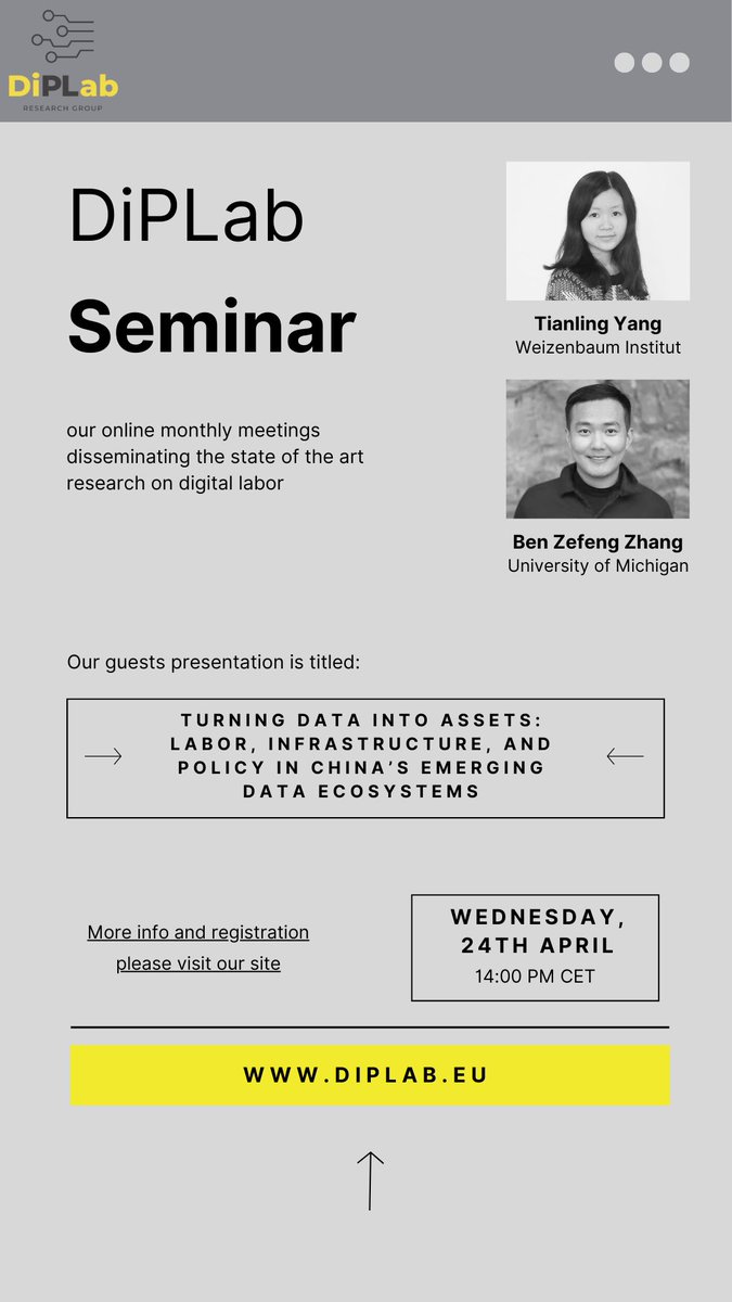 Have you registered yet? Tomorrow Wednesday, April 24, at 2pm CEST, we welcome Tianling Yang and Ben Zhang as guest speakers of our DiPLab seminar for a deep dive into data and labor in China's ecosystems. diplab.eu/tianling-yang-…