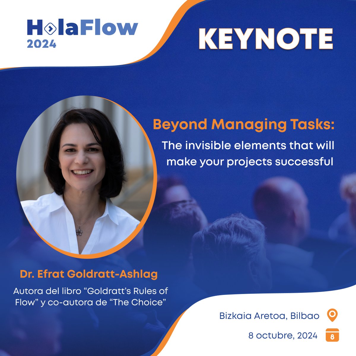 💥¡Te presentamos a la #Keynote de #HolaFlow2024!💥 
Dr. Efrat Goldratt-Ashlag, autora del libro “Goldratt's Rules of Flow” y coautora con su padre, el Dr. Eliyahu Goldratt, del libro “The Choice”

📅 8 octubre #Bilbao
businessmap.io/events/es-hola…

#businessagility #projectmanagement