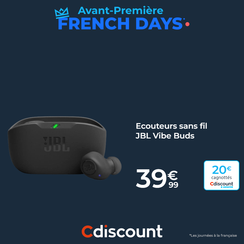 🔵 L'avant première French Days 🤑 Jusqu'à 300€ à cagnotter pour les membres Cdiscount à volonté ➡️ bit.ly/3JC7lBX 👛 Comme ici 20€ cagnottés, avec les écouteurs sans fil ''JBL Vibe Buds'' 🛒 bit.ly/3JsmlSX