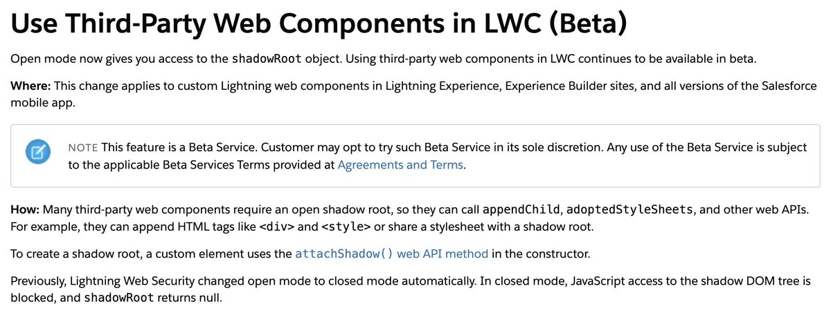 This looks like a small technical update, but that's definitely a huge change to let us use Third-Party Web Components in Salesforce, as closed shadow root was breaking most of them. Thanks to whoever did that ! #Summer24